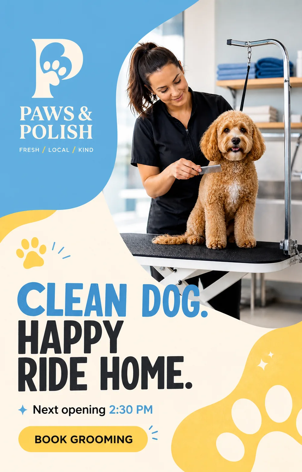 Paws and Polish ad showing the next grooming opening
