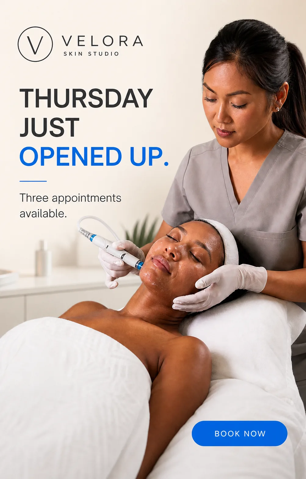 Velora Skin Studio post offering a Thursday opening