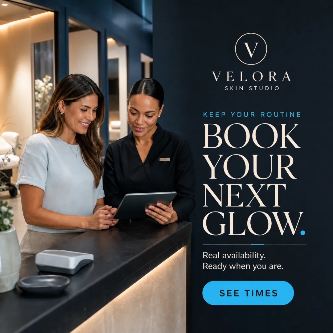 Velora rebooking campaign built as a square Facebook post